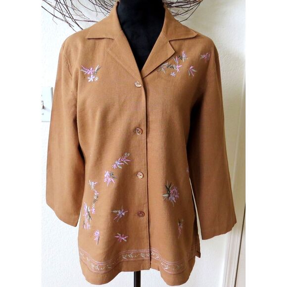Tops - J.P.C. Women's Linen shirt/blazer Fawn brown Floral embroidery  Medium  VTG EUC